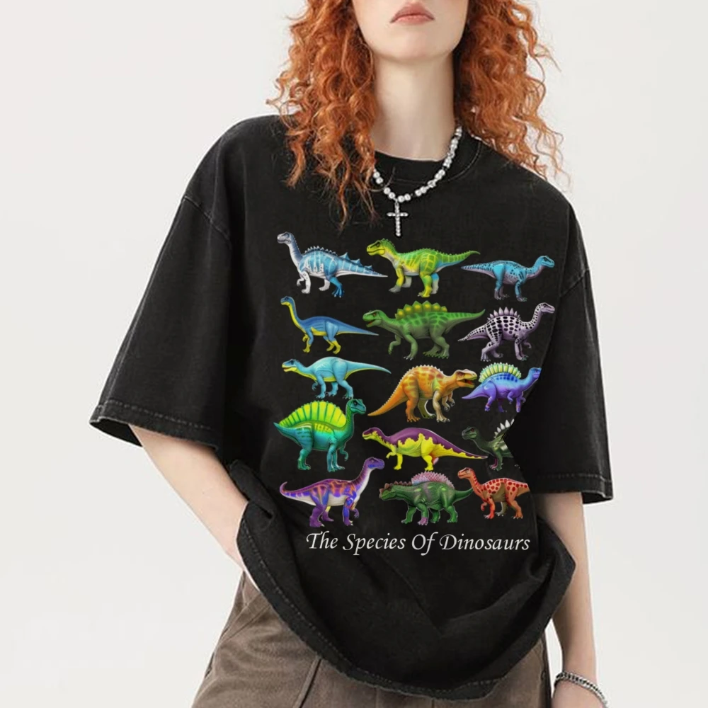 Ancient Dinosaur Short-Sleeved Shirt Hip Hop Streetwear Women 90s Vintage Washed T-shirts Harajuku Cotton Casual Tops Tees