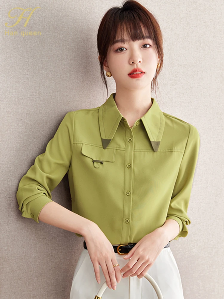 H Han Queen Spring Autumn Elegant Simple Single-Breasted Chiffon Women\'s Blouse Korean Loose Casual Vintage Shirts Office Tops