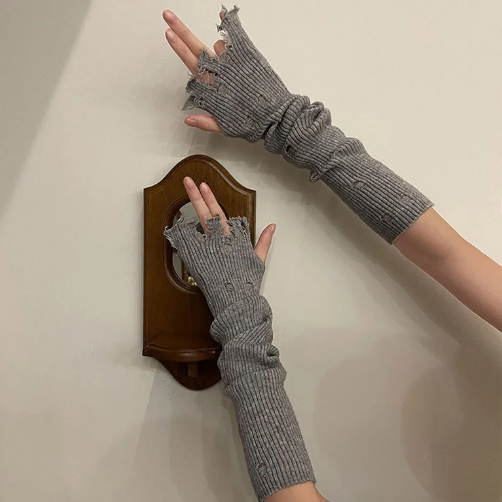 Arm Cover Elastic Subculture Gloves Punk Wrist Cuffs Y2K Fingerless Oversleeve Colorful Hollow out Ripped Knitted Sleeves Gothic