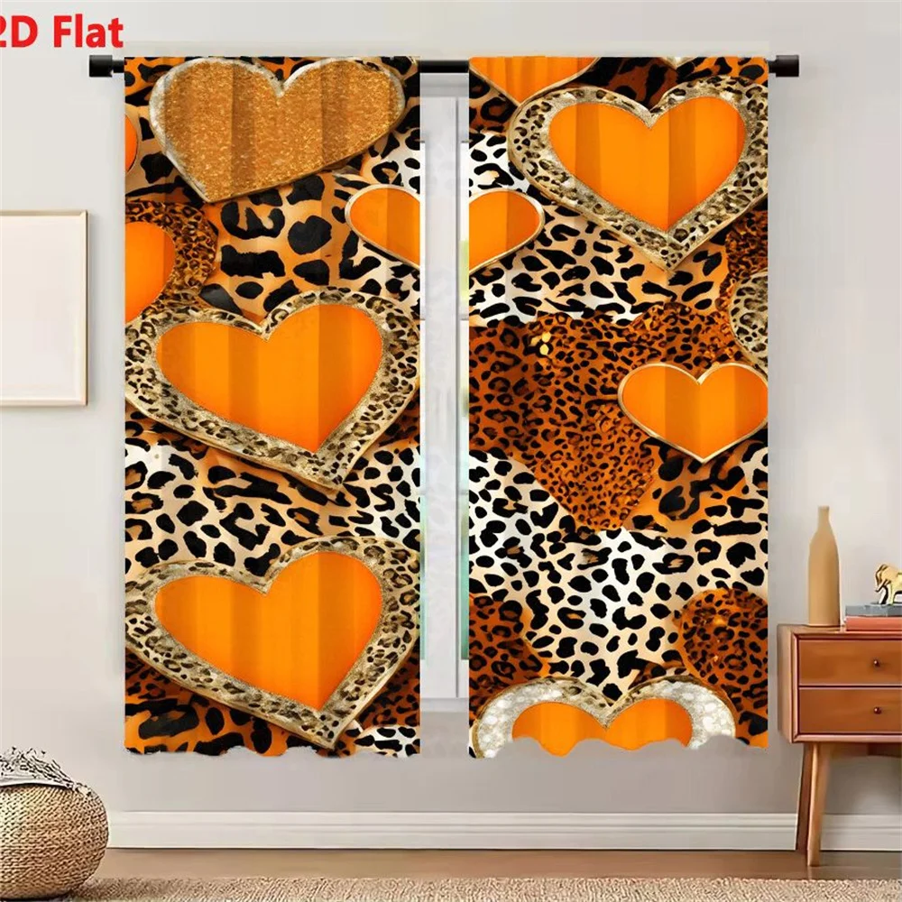 2Pcs Curtains Vibrant Leopard Print With Glitter Silver Hearts Background Window Drapes for Bedroom Room Decor Decoration Window