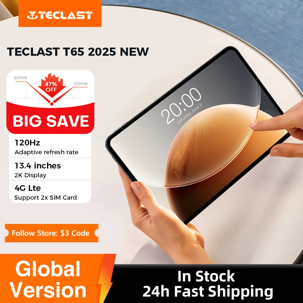 Teclast T65 Tablet 13.4" 2K 120Hz Dsiplay Unisoc T7280 Octa Core Max 20GB RAM 128GB ROM 8000mAh Battery Android 15 Lte Tablets