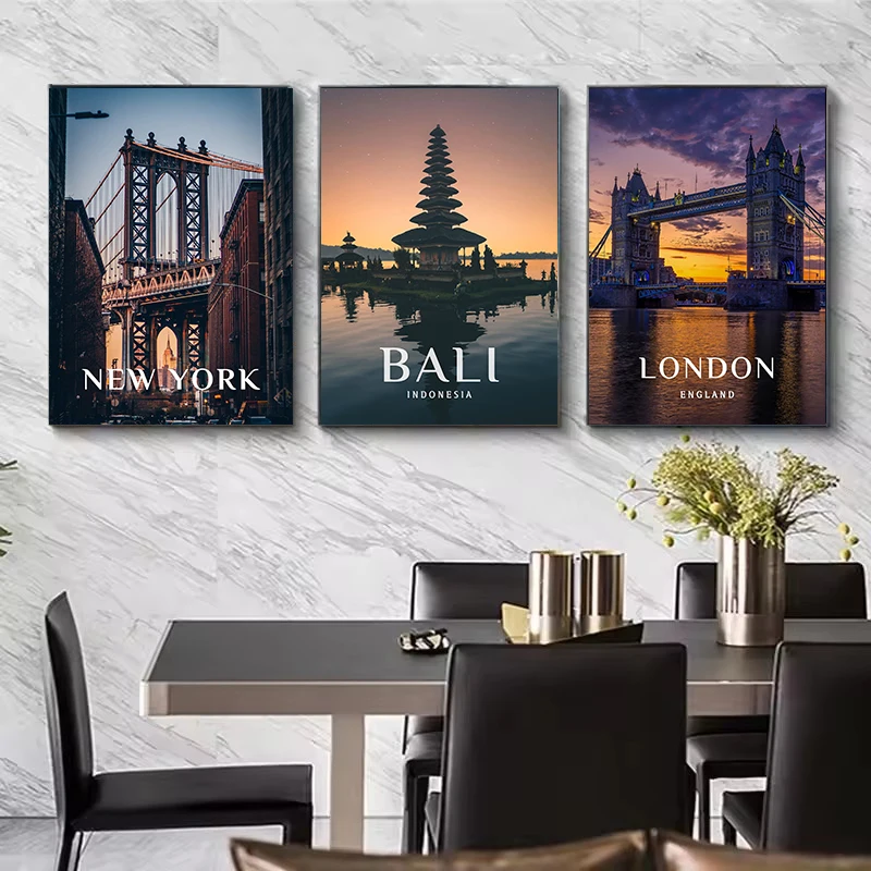 المدن السياحية العالمية الشهيرة المشارك يطبع لندن باريس بالي مدينة السفر الرسم على لوحات القماش الجدارية صورة ديكور غرفة المعيشة المنزلي