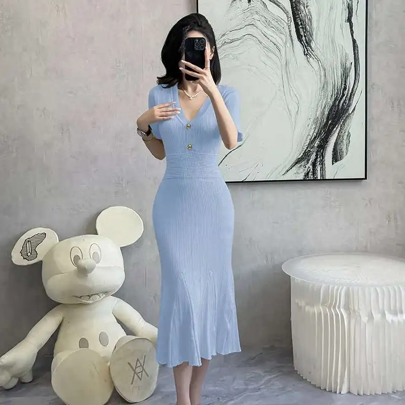 2025 nowa dzianinowa letnia sukienka na imprezę kobieta moda na co dzień z krótkim rękawem Bodycon syrenka długie sukienki Vestidos Largos szaty