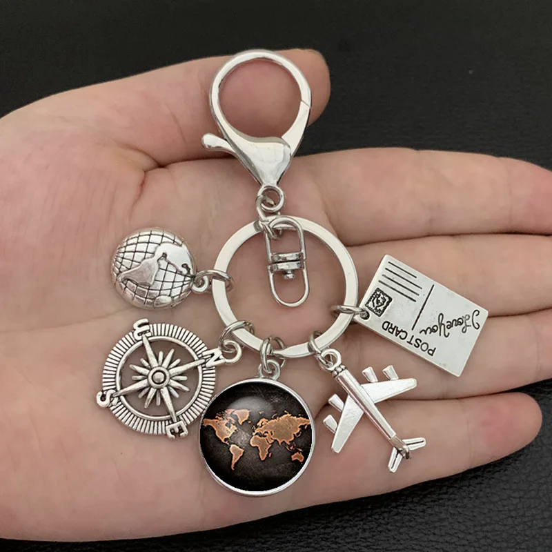 New ideas Earth plane keychain pendant earth compass personality memorial key ring gift for travel lovers