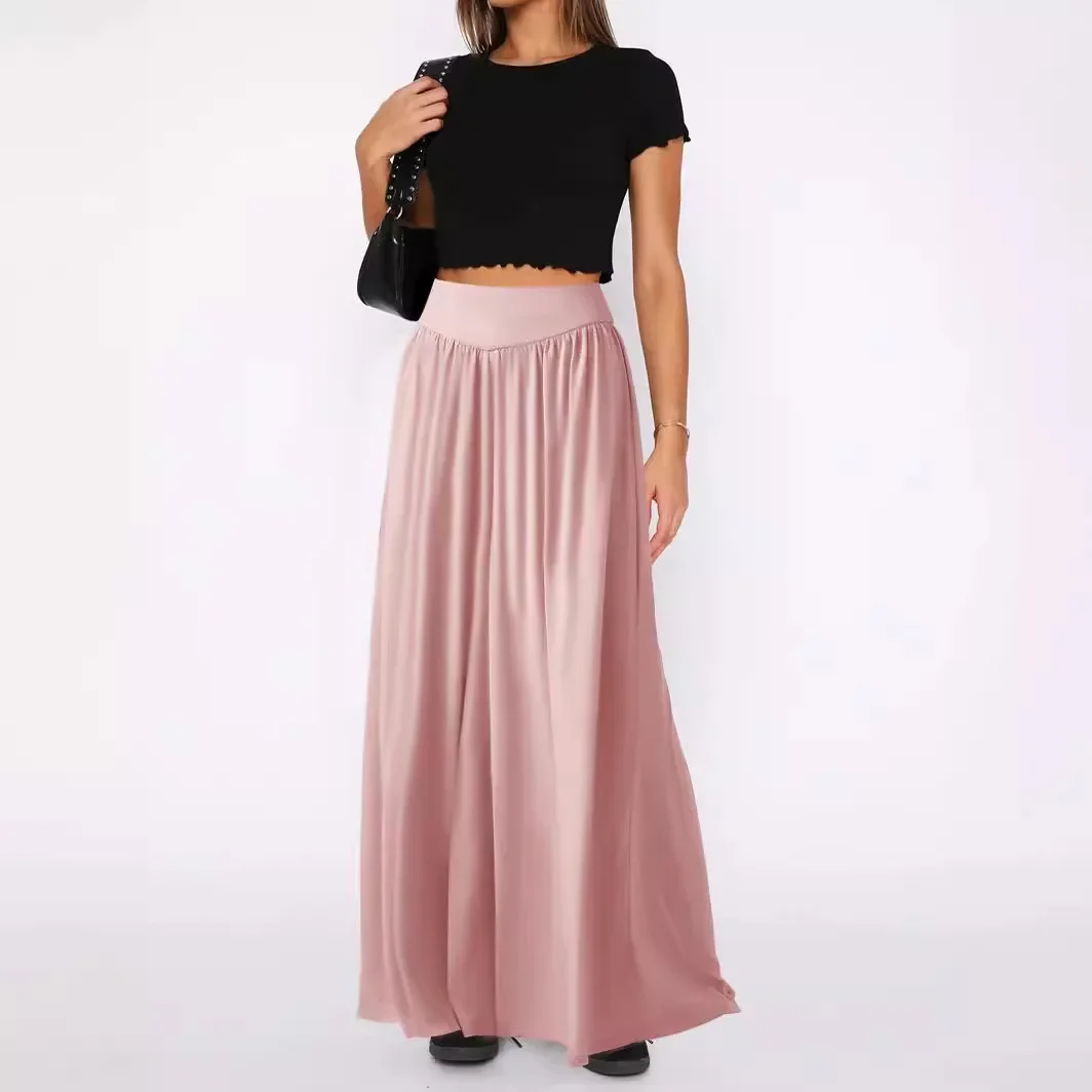 

Women Fashion Wide-leg Pants Summer Solid Color High Waist Folds Slim Large Hem Elegant Loose Cocktail Party Trousers