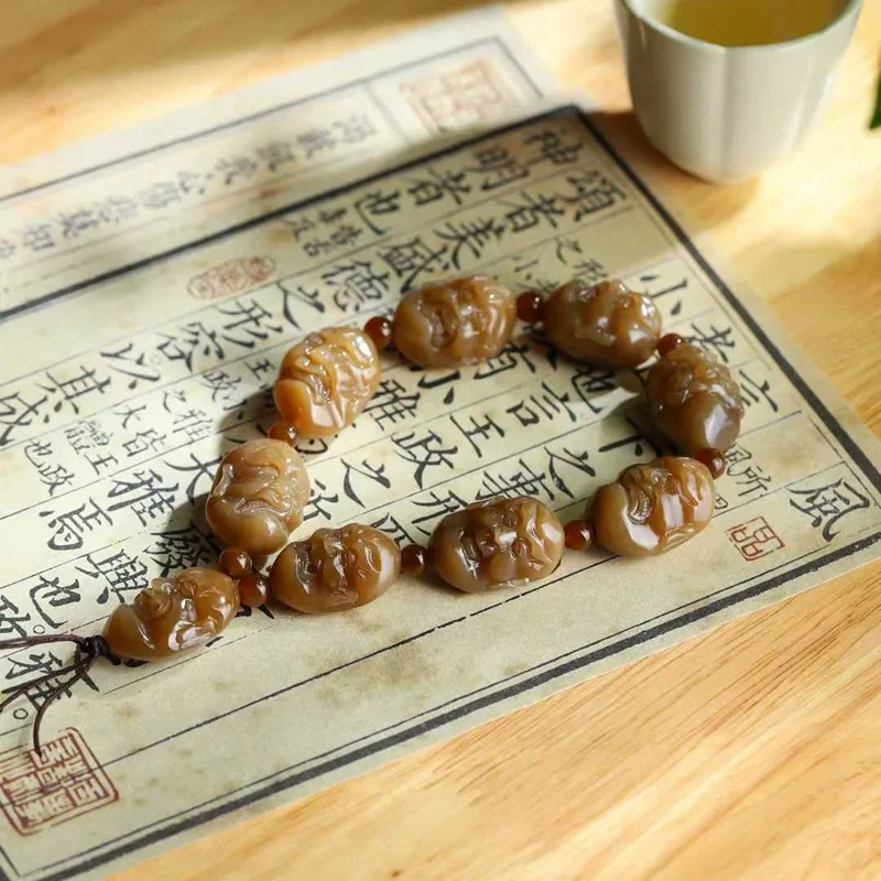 Natural Hetian Shop Qie Mo Old Material Full Sugar Color Jade Luohan Handheld Ornament