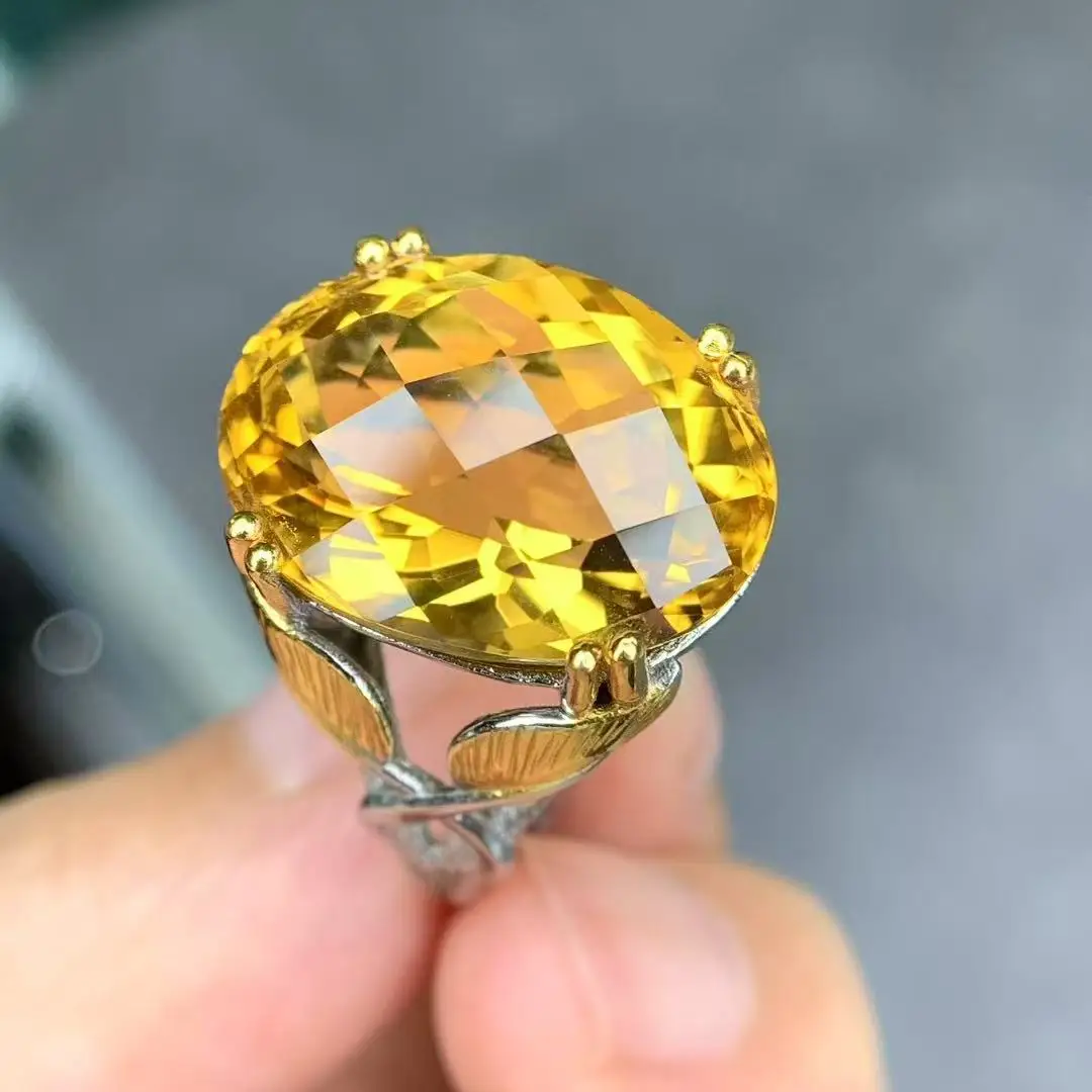 Natural Citrine Ring, 925 Silver Two-Tone Fine Setting 15x19mm Handmade Chinese Fortune Jewelry Gift for Women