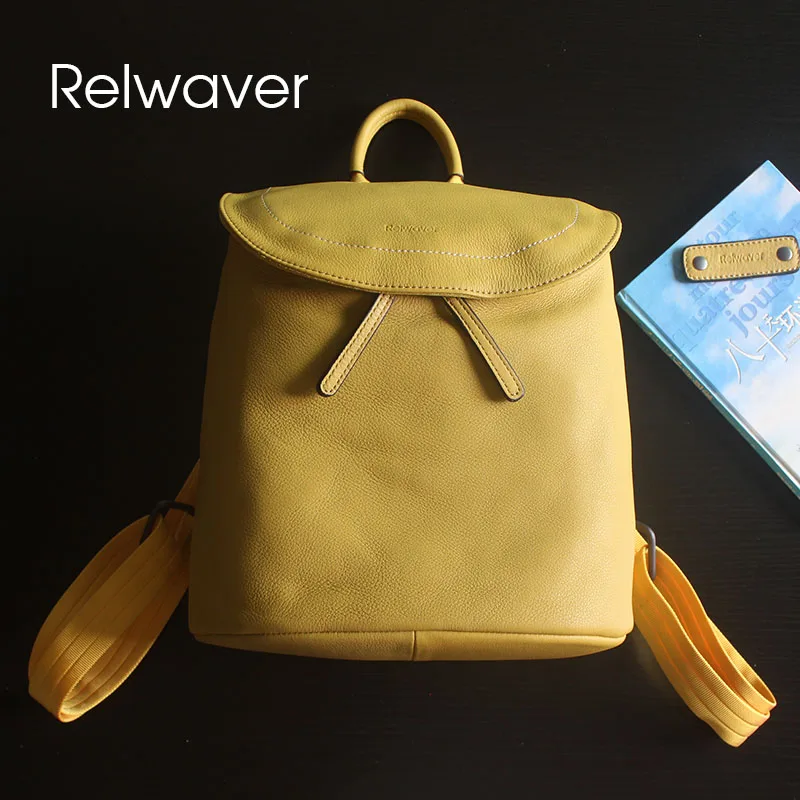 Relwaver SR-Sac d'École en Cuir de Vache group pour Femme, Naturel, Jaune, Noir, Décontracté, Couverture de Seau Souple