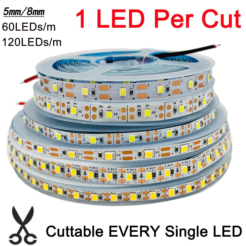 5m 5V DC 2835 LED Strip 60LEDs/m 120LEDs/m 1 LED Per Cut Flexible Tape 5mm 8mm PCB IP20 No Waterproof Warm Natraul Cool White