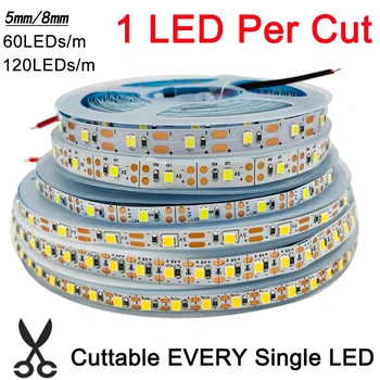 5 m 5 V DC 2835 LED-Streifen, 60 LEDs/m, 120 LEDs/m, 1 LED pro Schnitt, flexibles Klebeband, 5 mm, 8 mm, PCB, IP20, kein wasserdichtes, warmes Natraul-Kaltweiß
