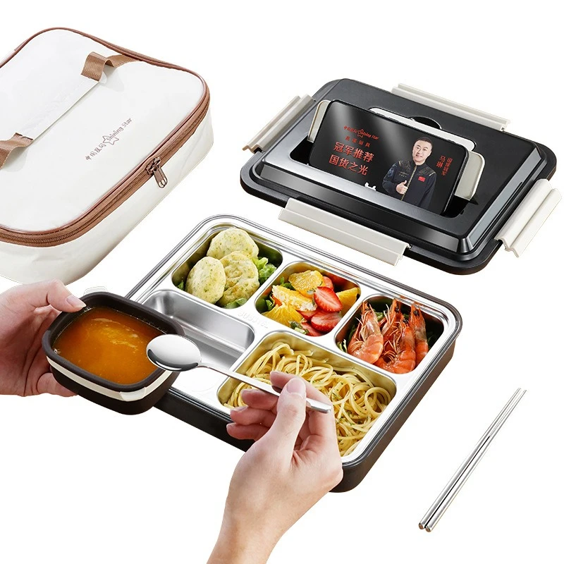 

LFGB Certificate 316L Stainless Steel Bento Box 99.9% Anti-bacterial 5 Grid Lunch Box Meal Box with Soup Box Bag and Cutlery