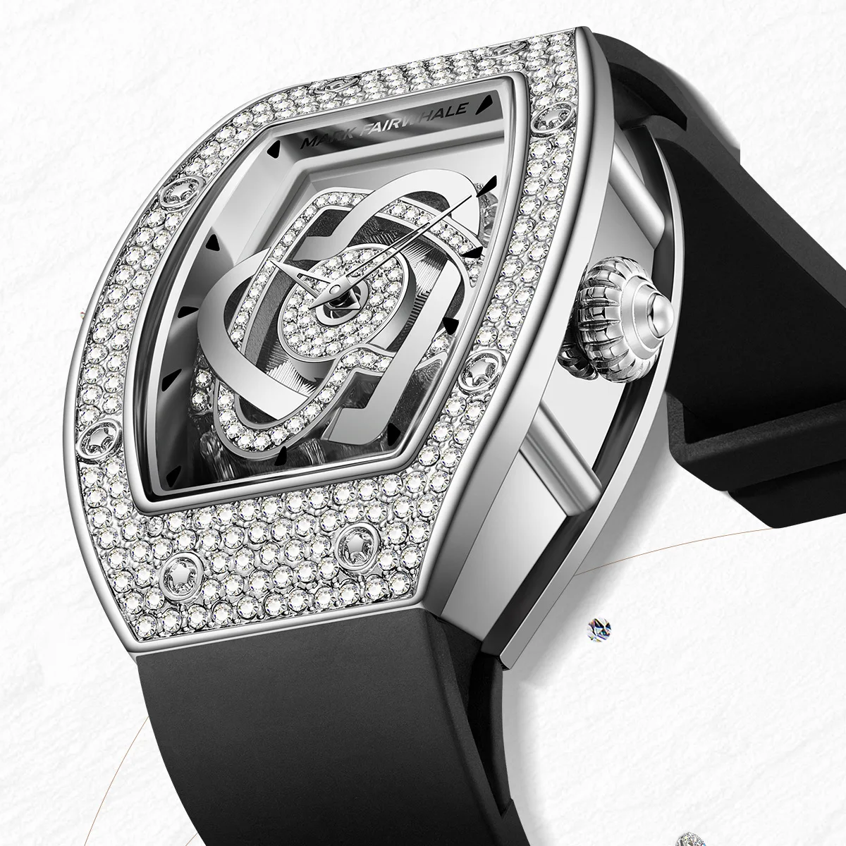 Mark Fairwhale Luxury Women's Quartz Watch with Leather Strap Transparent Starry Sky Diamond Tonneau Dial Fashionable Timepiece