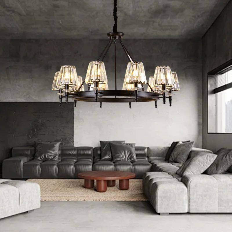 ​American Vintage Matte Black Chandelier Retro Round Metal Crystal Pendant Lamp for Farmhouse Living Room Dining Room Parlor E27