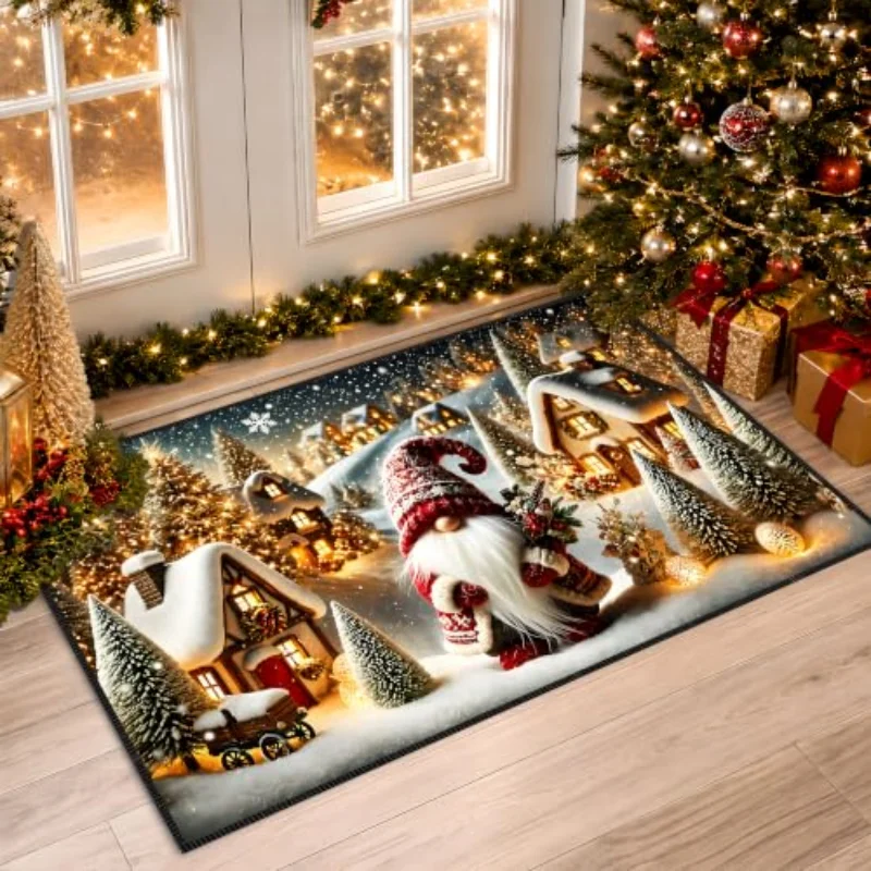 VIKAMA Christmas Door Mat Winter Village Gnome Snowy Houses Pine Trees Holiday Decor Front Welcome Mat 2027 Christmas Home Decor