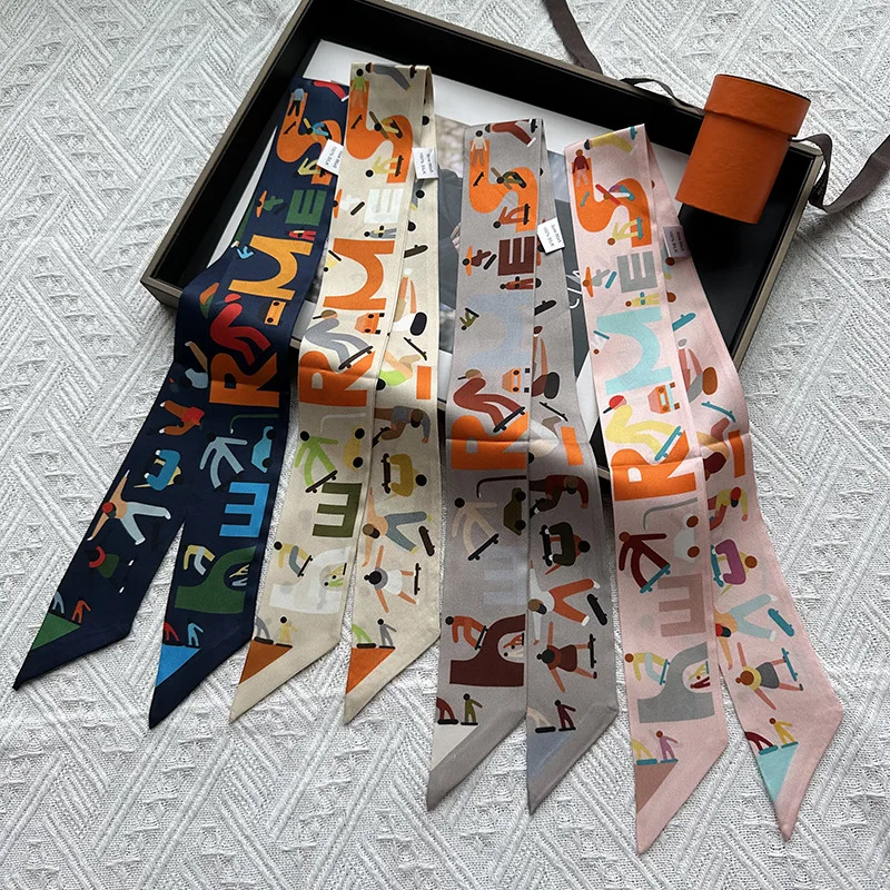 

Fashion Scarf 2025 Brand Design Women Skinny Bag Scarves Hair Band Neck 100% Silk Scarf Ladies Foulard Neckerchief Headband