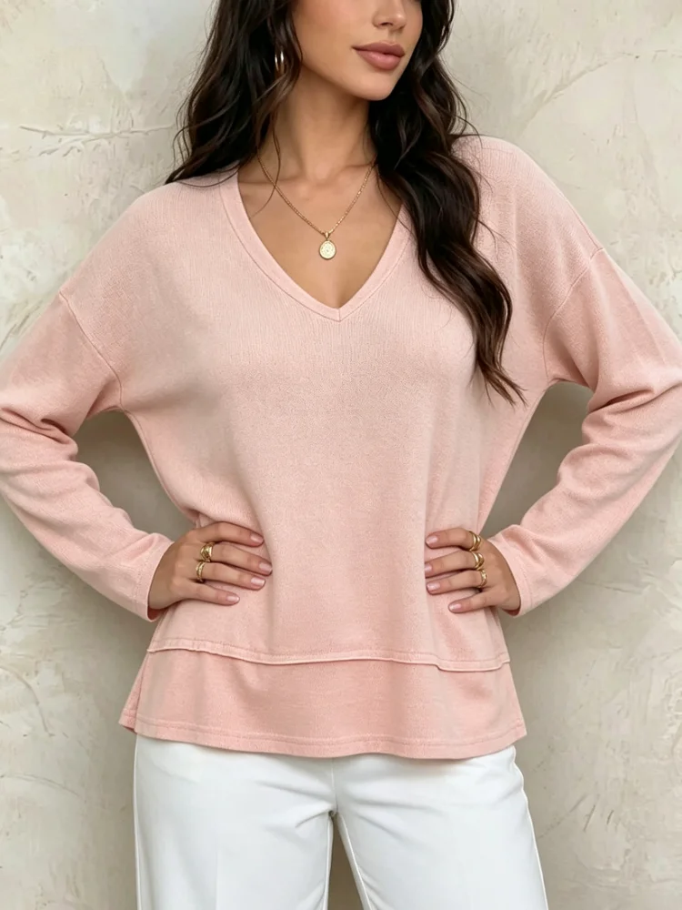 Chic Autumn New Spring Women V‑Neck Long Sleeve T‑Shirt Loose Fit Raw Hem Casual Solid Color Cropped Pullover Daily Tops