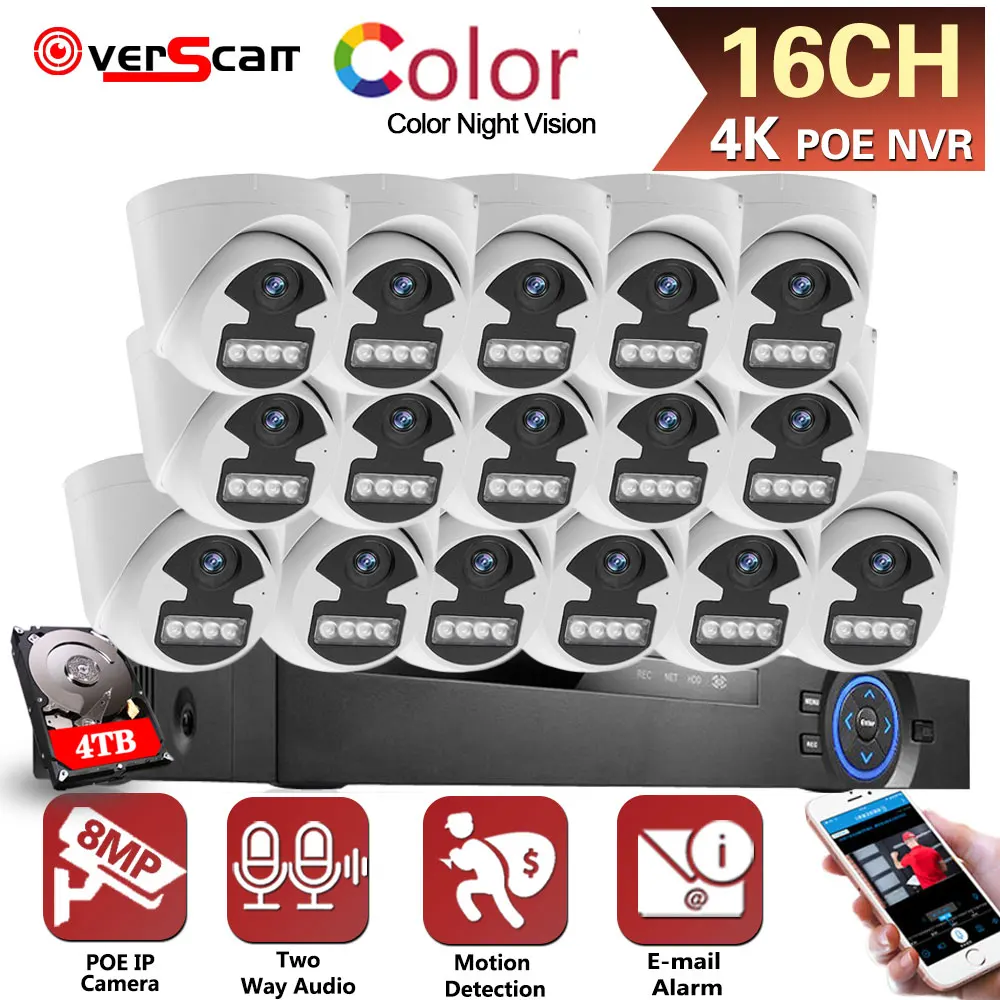 

4K 16CH NVR H.265 Colorvu Night Vision CCTV System With 8MP POE Indoor Two-Way Audio Video Surveillance Kit Security Camera Set