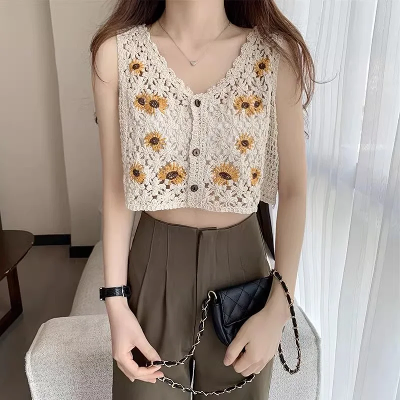 Embroidery Floral Crochet Vest for Women Button Front Sleeveless Jacket Crop Cardigan Tanks Summer Fairycore Cottagecore Outfit