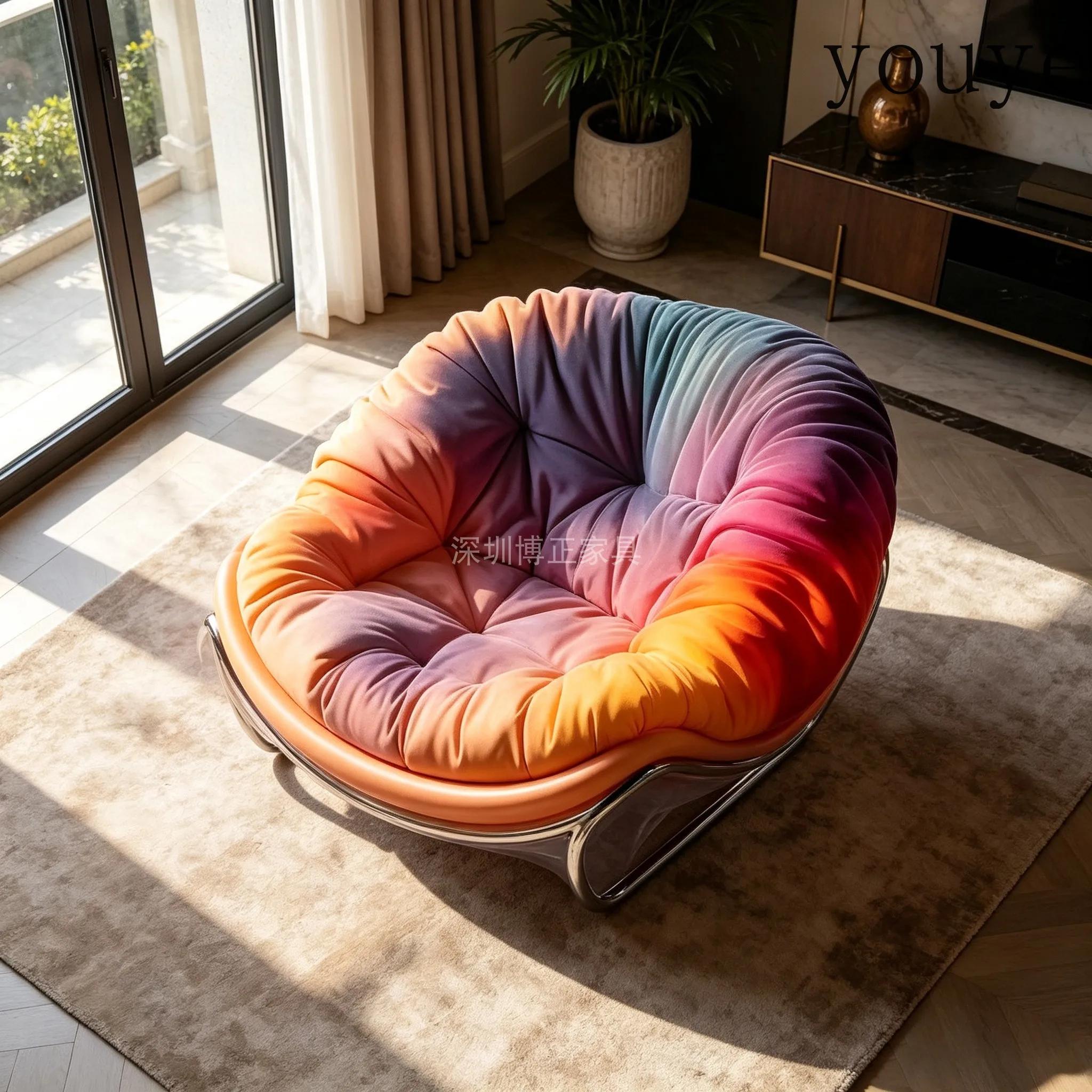 Designer artistic sense gradual change color fabric single chair stainless steel frame balcony leisure lazy chair