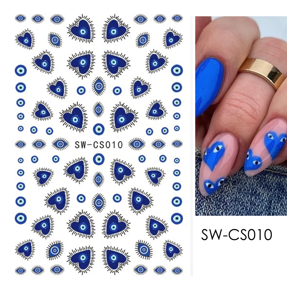 3pcs/set 3D Heart Nail Design Blue Red Evil Eye Nail Art Decoration Sticker Press on Nails Valentine Decals Manicure Accessories