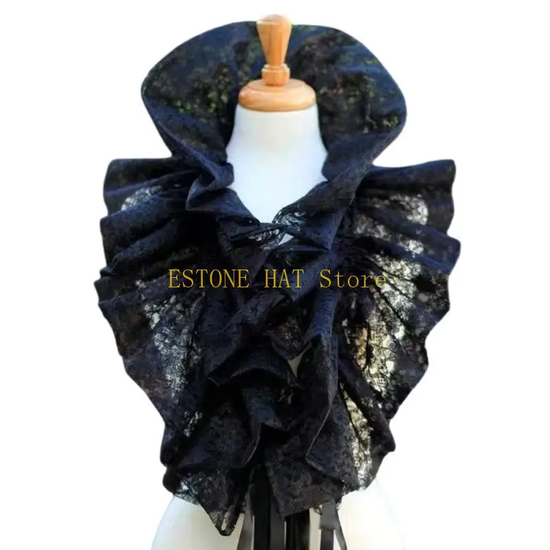 49MF Women Men Vintage Gothic Ruffled Shrug Shawl Detachable Faux Collar Shoulder Wrap Victorian Cosplay Costume