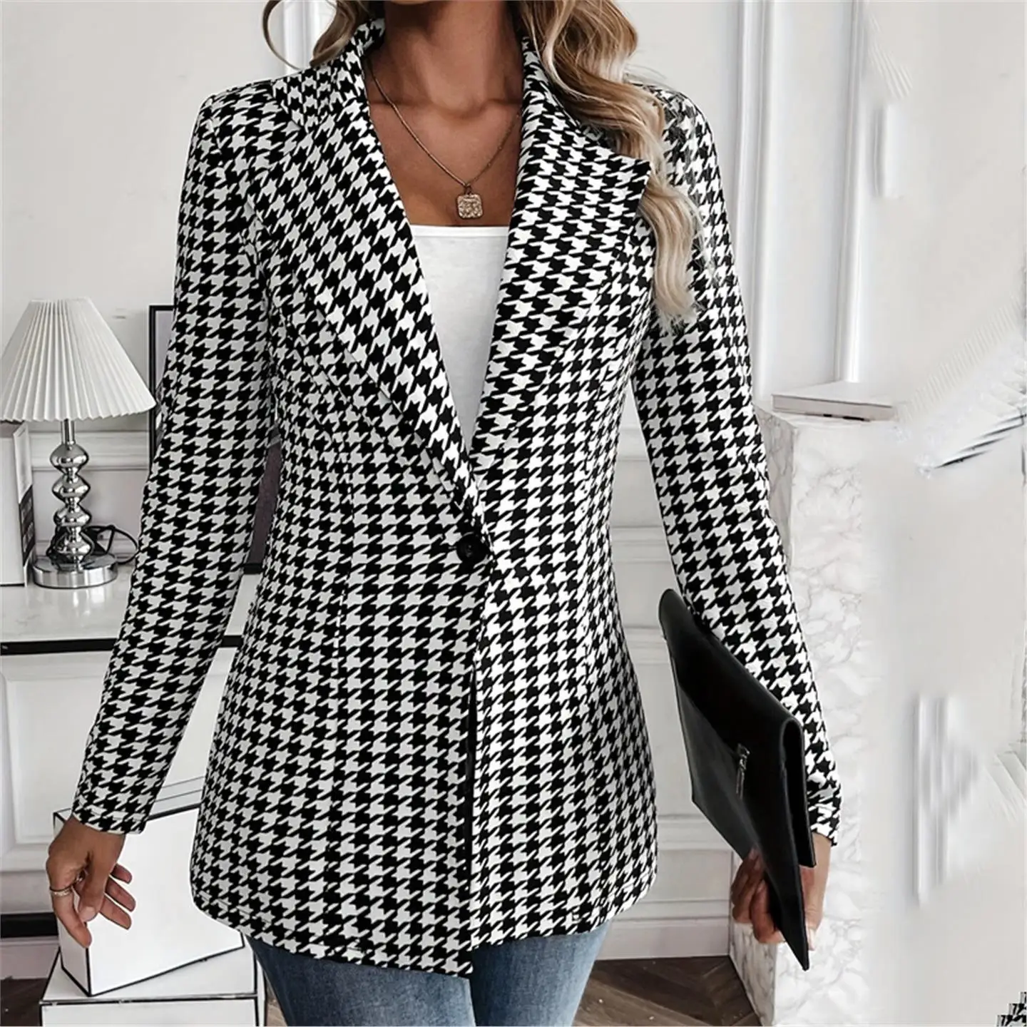 

Slim Fit Plaid Pattern Turn-down Collar Suit Jaet Women's Casual Sle European Design Long Sve Mid-length Coat