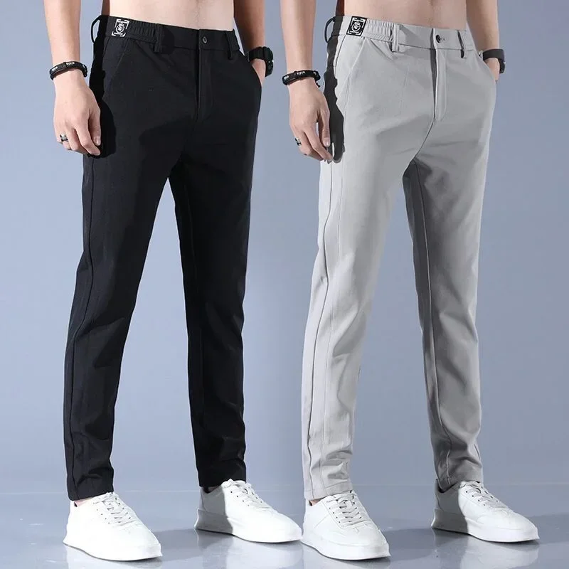 Men Fast Dry Stretch Pants Ice Silk Trousers Solid Color Mid-Waist Loose Breathable Straight-Leg Casu Men Clothing