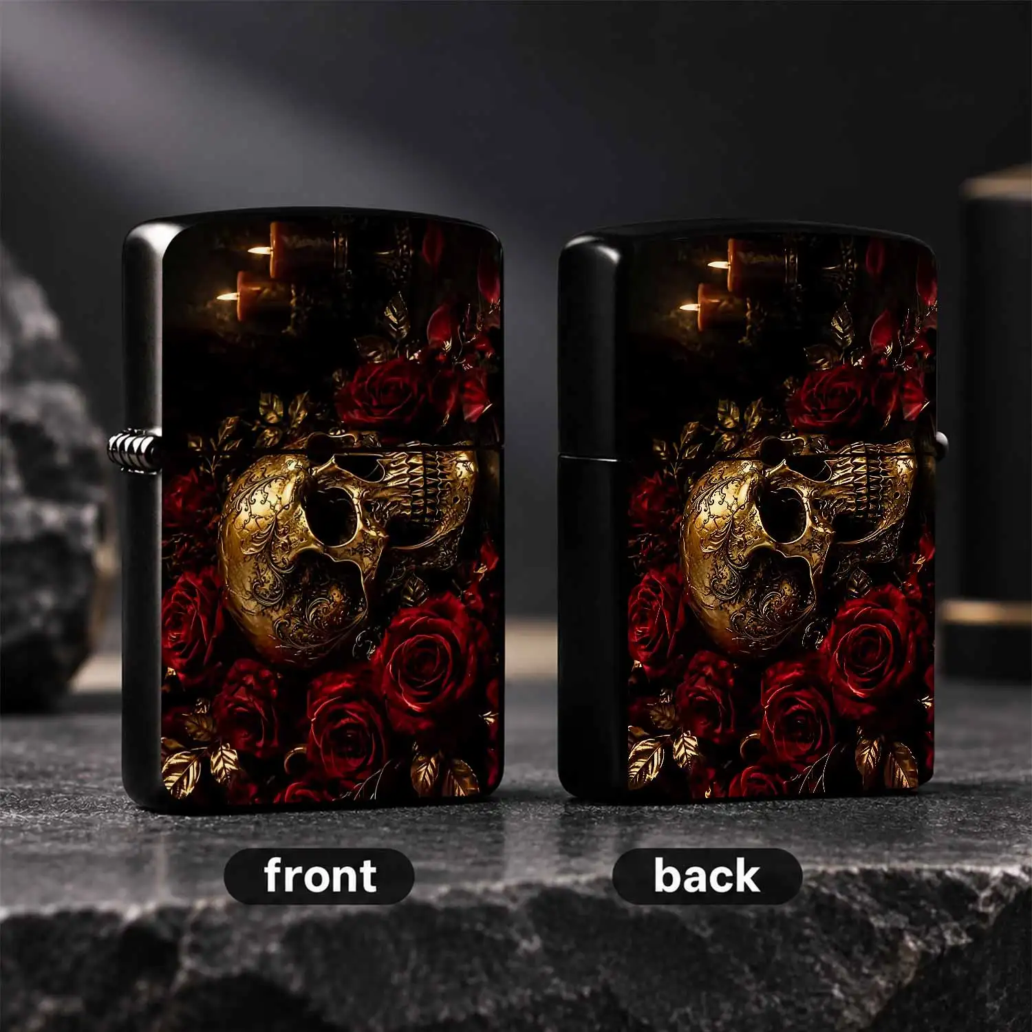 Exquisite Vintage Gilded Skull Red Rose Pattern Lighter, Romantic Candlelit Ambience Decor, Stylish Portable Daily Use Accessory, Unique Aesthetic Artistic Gift for Various Occasions, Elegant Ornate Craftsmanship for and A Humorous And Inte