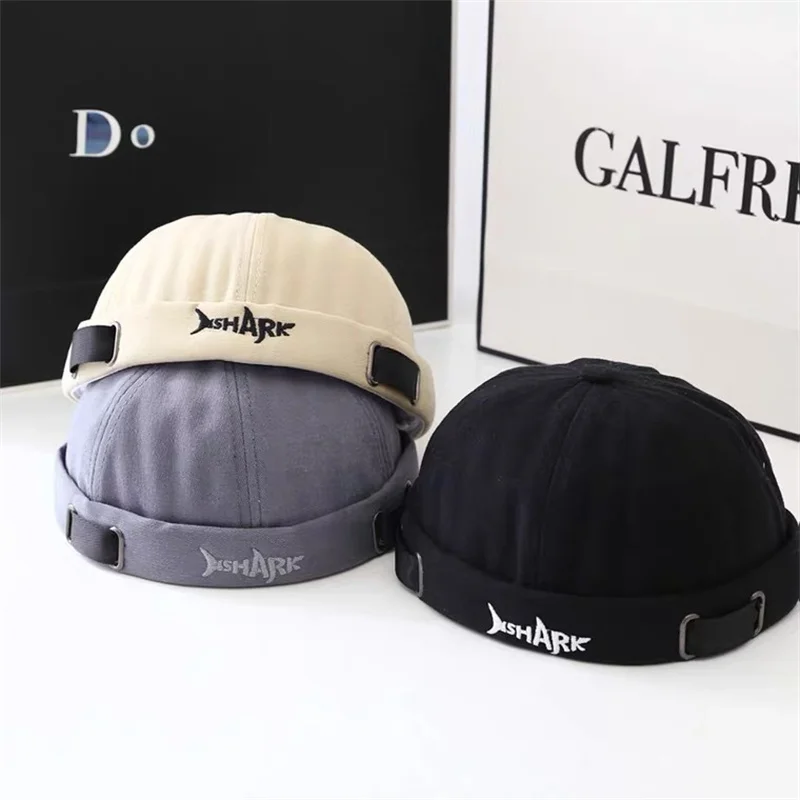 Casquettes sans bord avec lettre pour hommes et femmes, casquette Docker brodée requin, bonnet en coton, chapeaux Hip Hop, chapeau réglable sans