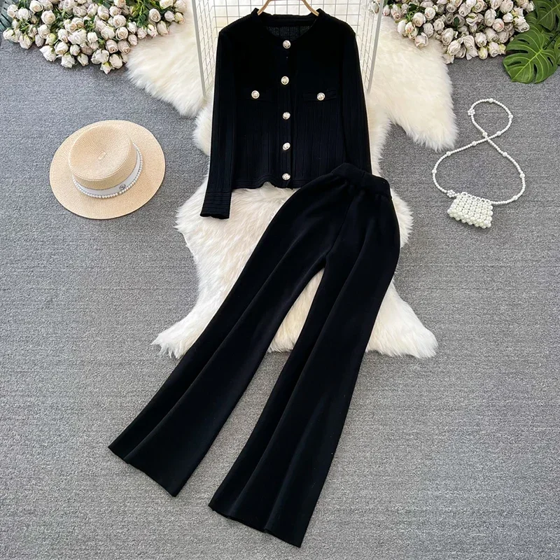 

Women Long Sleeve 2 Piece O-neck Single-breasted Sets Knit Cardigan and High Waist Pants Sets Office Outfits Fashion New