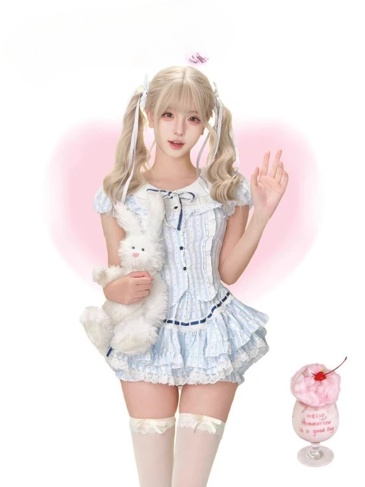

Blue Striped Bow Peter Pan Collar Wave Point Top+ Sweet Lace Patchwork Cake Short Skirts 2025 Summer New Two Piece Sets