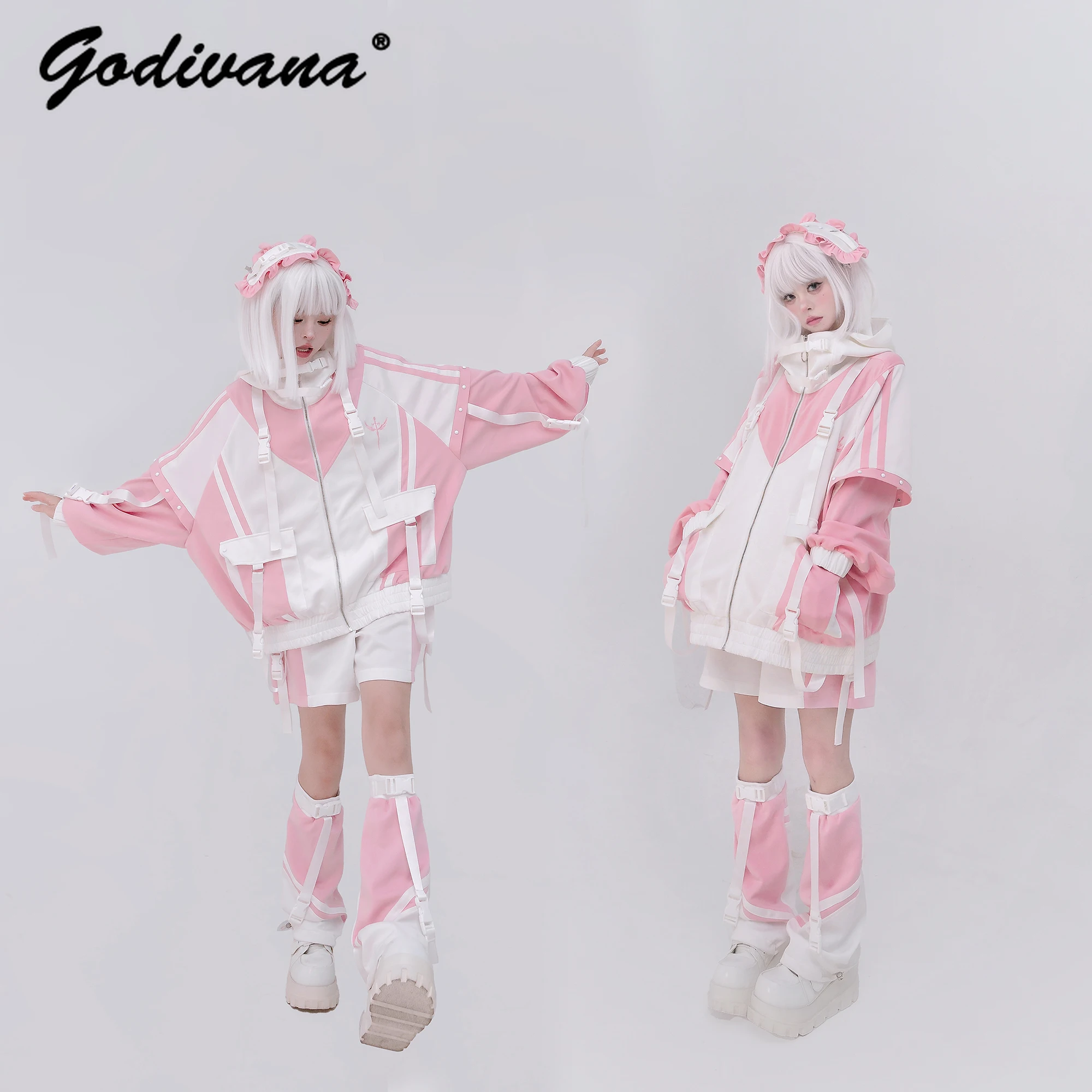 Japanese Mine New Original Y2K Sport Suit Female Girls Cool Color Patchwork Oversized Jacket Shorts and Pants Set Autumn Outfits