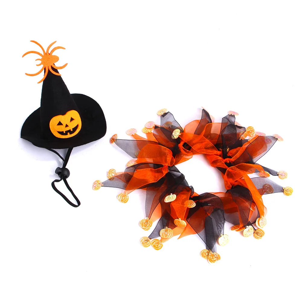 2Pcs Cute Halloween Cat Costumes Cosplay Cloak Witch Hat For Small Dog Cat Kitten Scarf  Halloween Pumpkin Pet Clothes