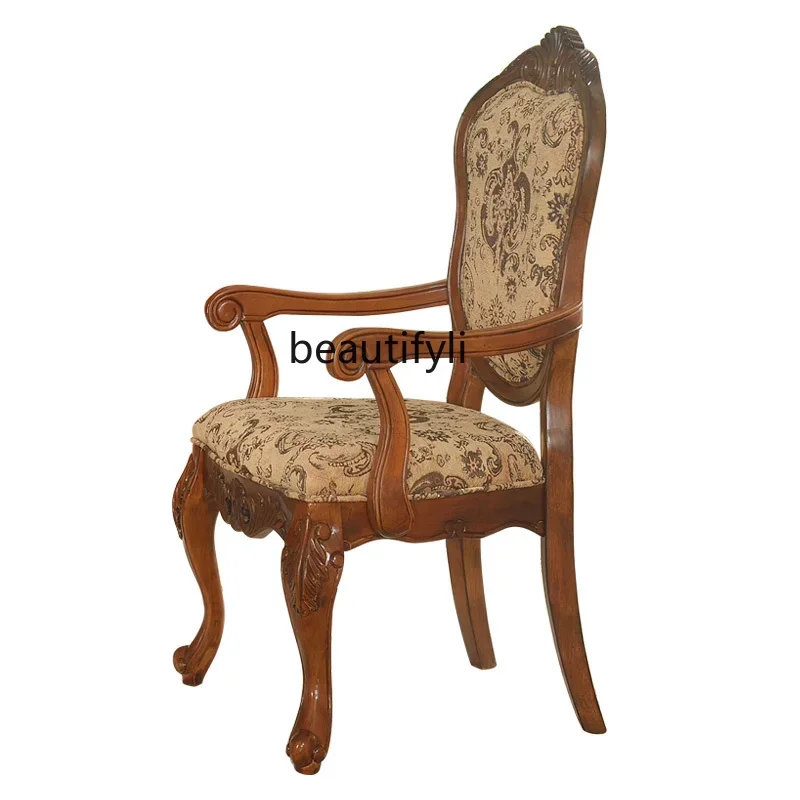 

zxSolid wood carving flower dining chair, American country home fabric back chair, study chair without armrests