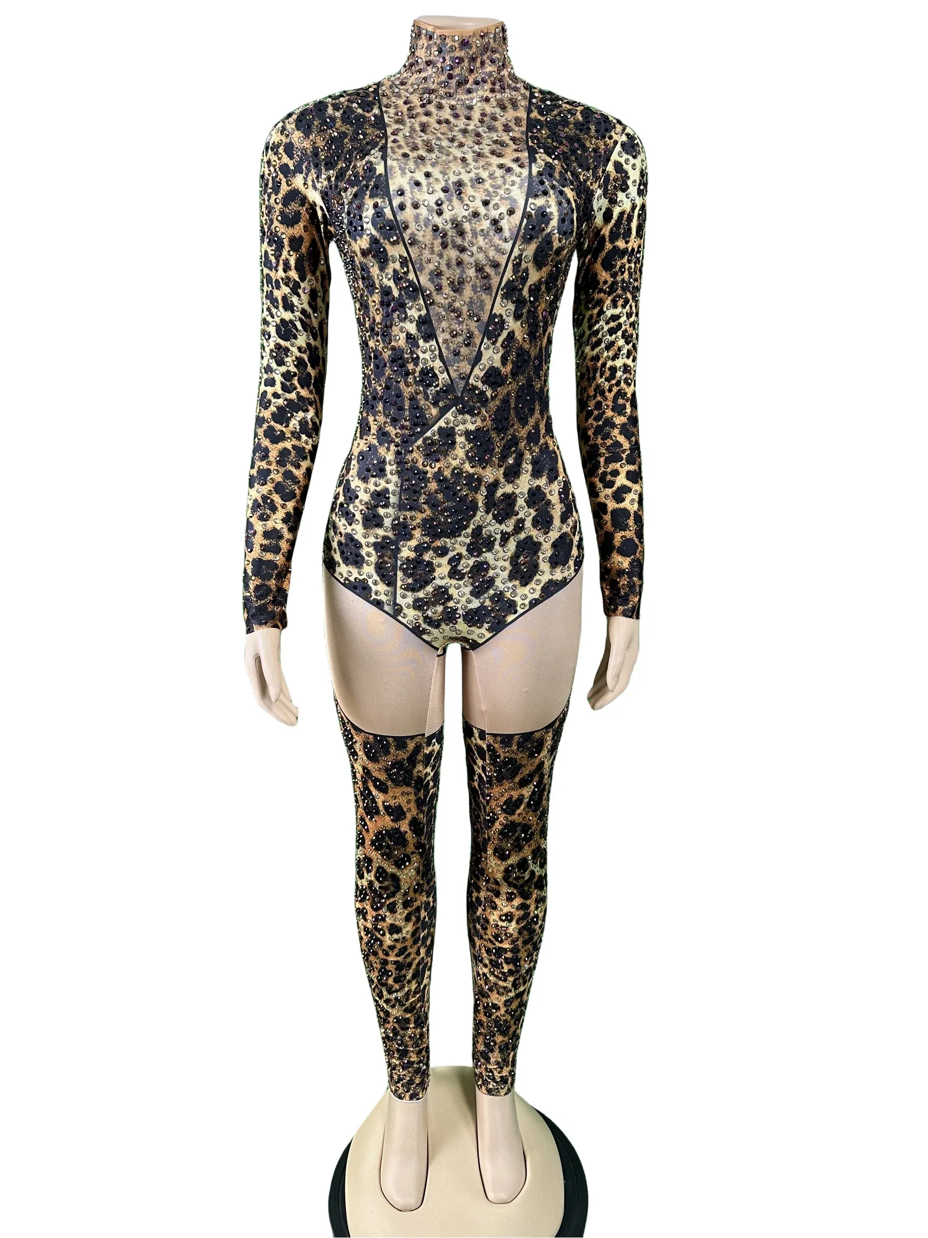 

Women Stunning Rhinestone Singer Queen Stretch Leopard Jumpsuit Performance Stage Pole Dance Costume 2025 New Occasions