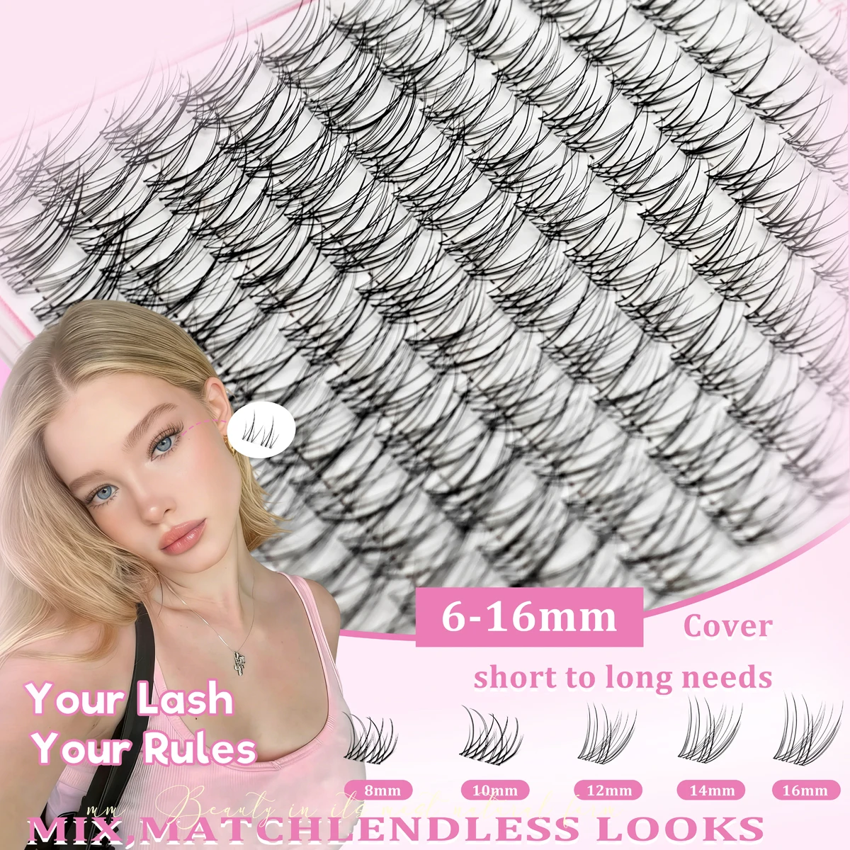 124 Clusters Natural Look Clear Band Lash Clusters Individual Lashes Upper & Lower Eyelash Combo Set Handmade Grafting