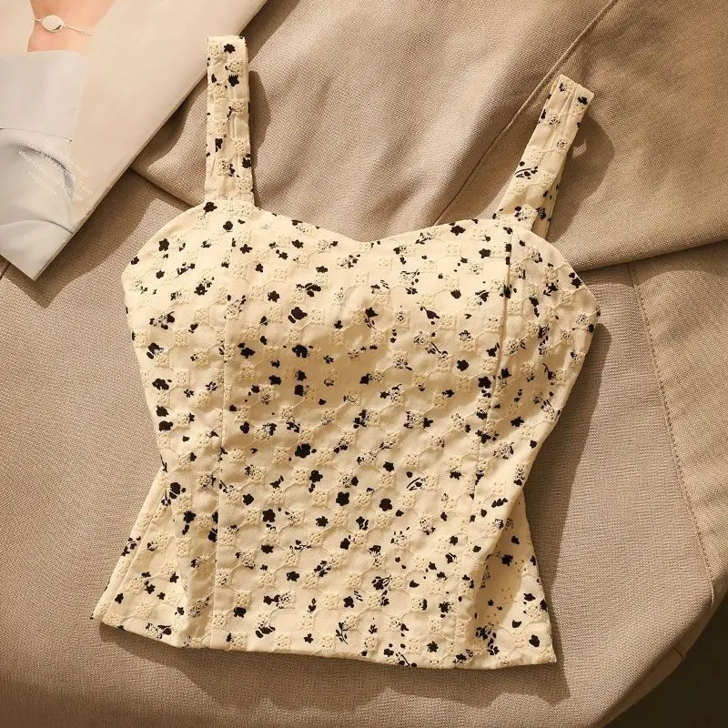 French Style Floral Embroidered Cami Top Sweetheart Neckline Wide Straps Corset Style Cropped Slim Fit Casual Wear