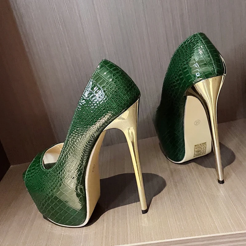 Liyke Runway Sexy Extreme High Heels For Women Platform Pumps Cozy Green Snake Print Leather Peep Toe Stripper Pole Dance Shoes