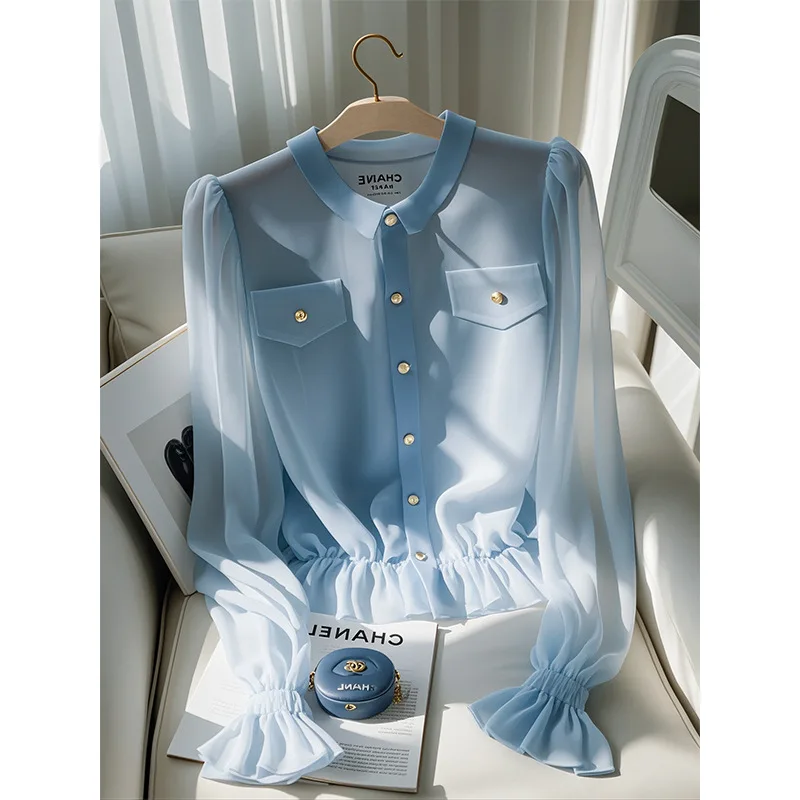 Style Light Luxury High-Ed Top,  Beautiful Blouse, Stylish Ad Sophisticated,  Blue  Shirt For
