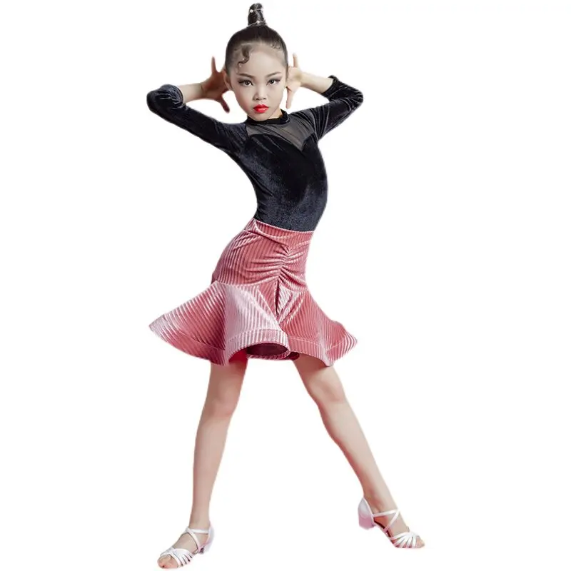 

Kids Latin Dance Competition & Practice Wear Split Tops Set For Girls Elegant Professional Latin Dance Costume Autumn Winter