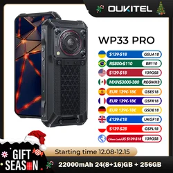 Прочный смартфон Oukitel WP33 Pro 5G, 22000 мАч, 6,6 дюйма, сотовый телефон FHD+, 24 ГБ, 256 ГБ, мобильный телефон, камера 64 МП, 33 Вт