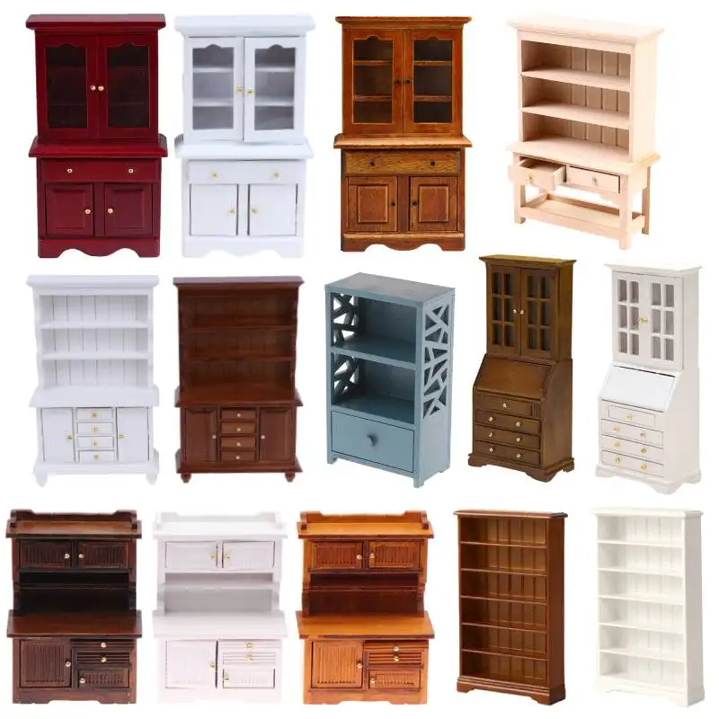 1Pc Vintage Miniature Furniture 1:12 Dollhouse Wood Table Multifunction Cabinet Bookcase Model Toy Cupboard Dolls Accessories