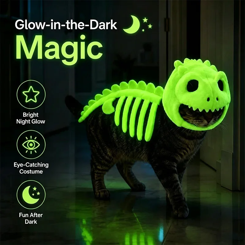Halloween Dinosaurier-Skelett-Katzenkostüm, leuchtet im Dunkeln, Plüsch-Kapuzen-Cosplay-Outfit für kleine und mittelgroße Katzen, lustiges Party-Foto-Requisit – Detail 1
