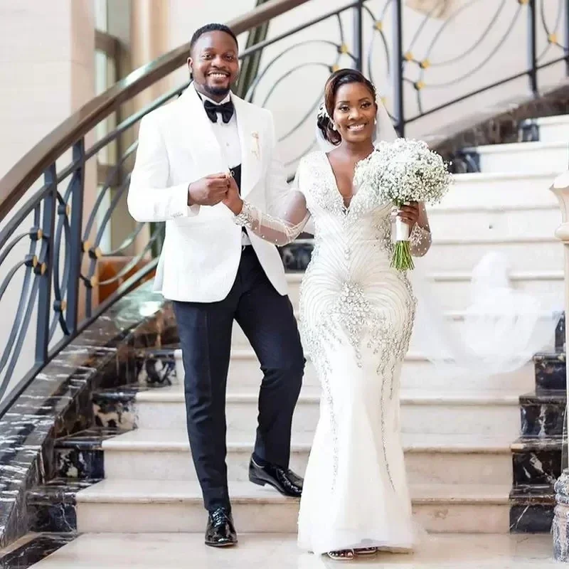 

Customized African Beading Crystals Mermaid Wedding Dresses Bridal Gowns V Neck Illusion Long Sleeves Luxury Aso Ebi Vestido De