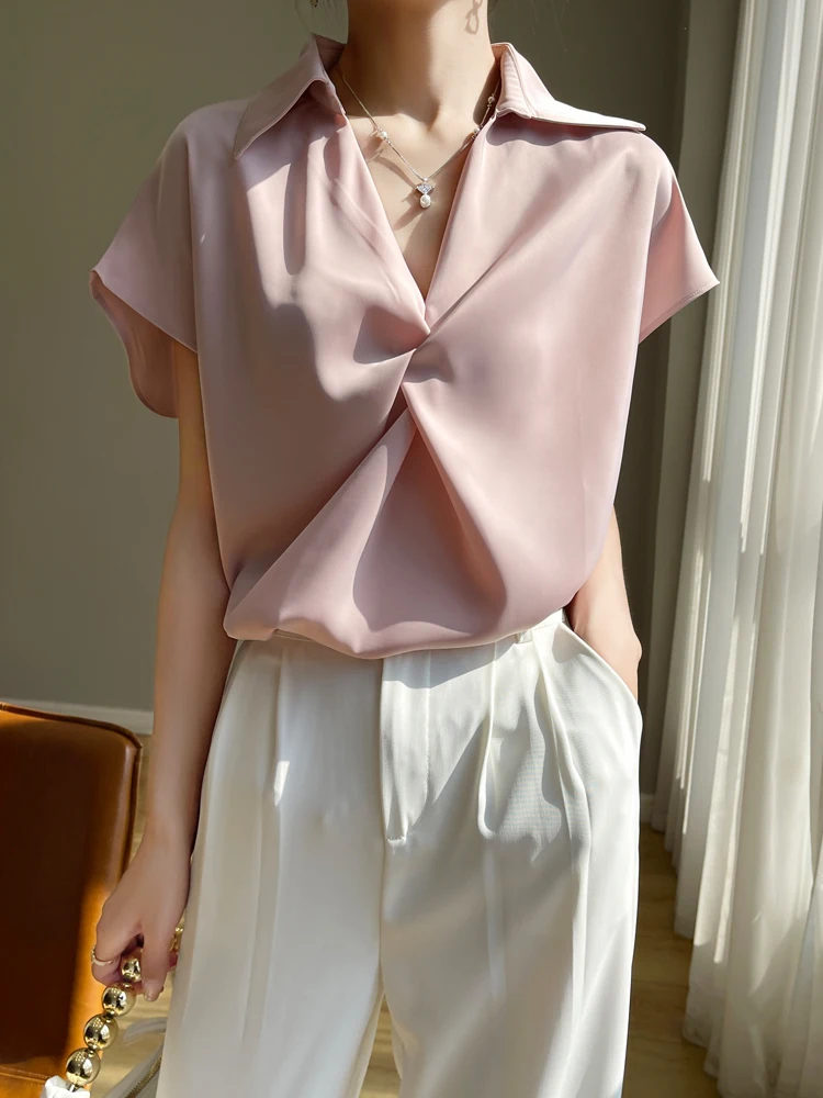 Women's Silk Satin Short-Sleeved Shirts Ladies Turn-Down Collar Loose Pullover Solid Color Casual Wild Thin Blouse Summer 2024