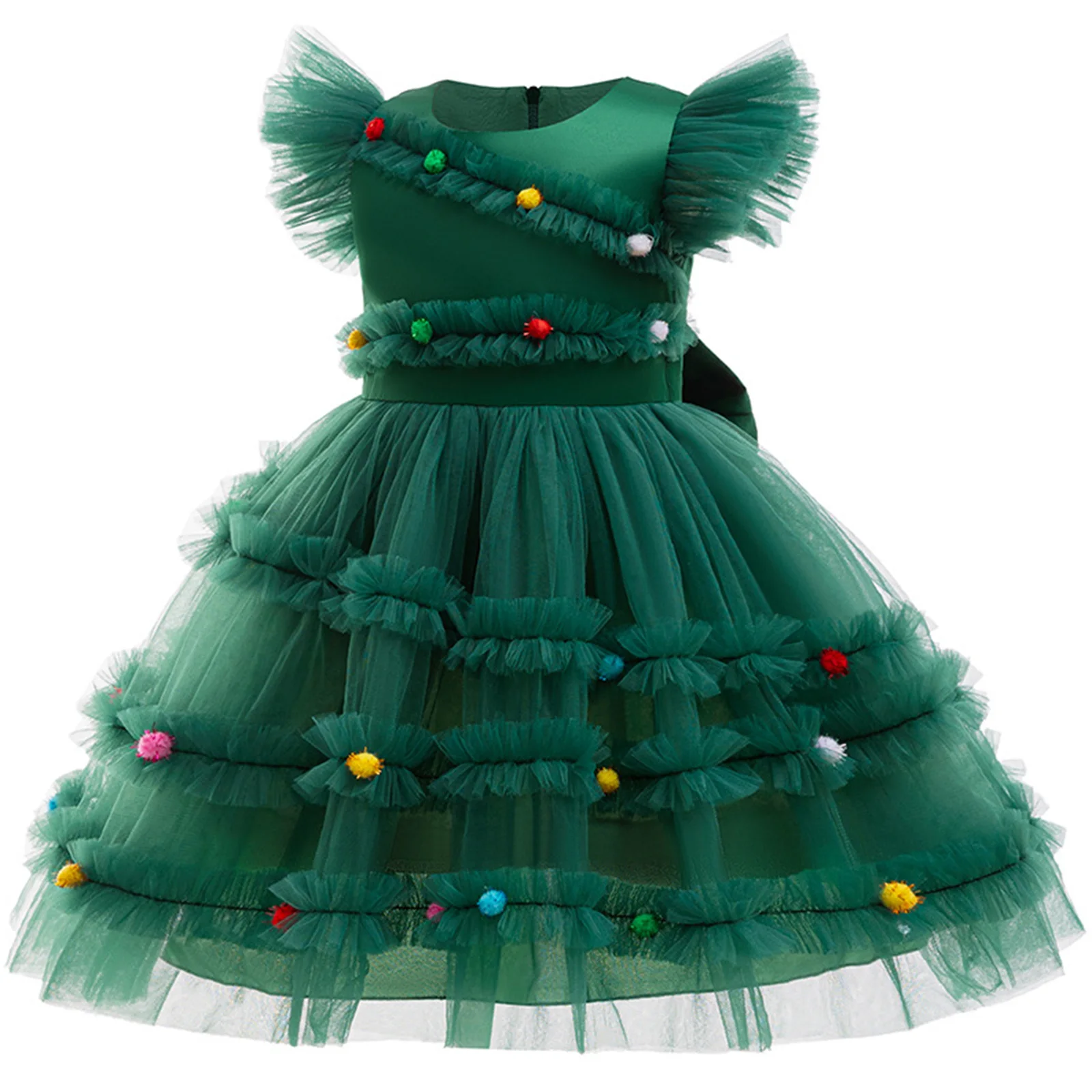 Girls Christmas Tree Costume Flutter Sleeve Back Bow Mesh Patchwork Ruched Layered Dress Halloween Christmas Party Dress