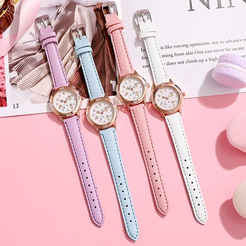 Reloj de cuarzo luminoso para niñas y mujeres, pulsera de cuero, informal, lindo, estrella, Luna, nuevo