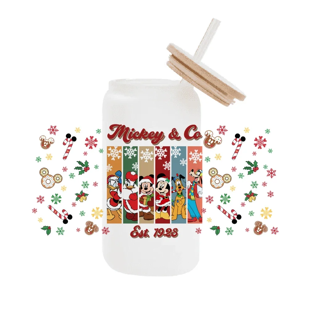 11x24 cm Disney Natale Topolino Per Libbey 16 once Può Bicchiere 3D Impermeabile UV DTF Tazza di Caffè Wrap Adesivo Libbey Involucro di Vetro