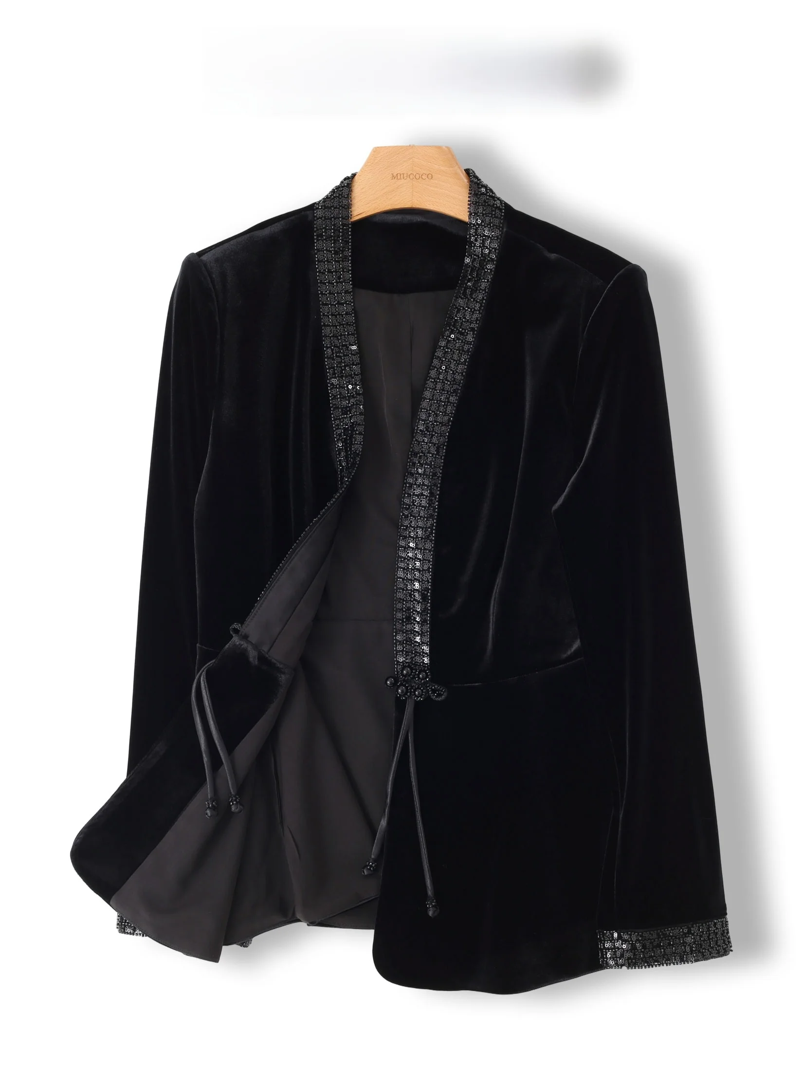 

G-Style Velvet Sequin Short Jacket Women's Autumn Winter Vintage Open Cardigan Suit Black Shiny Beads Long Sleeve V-Neck Coat