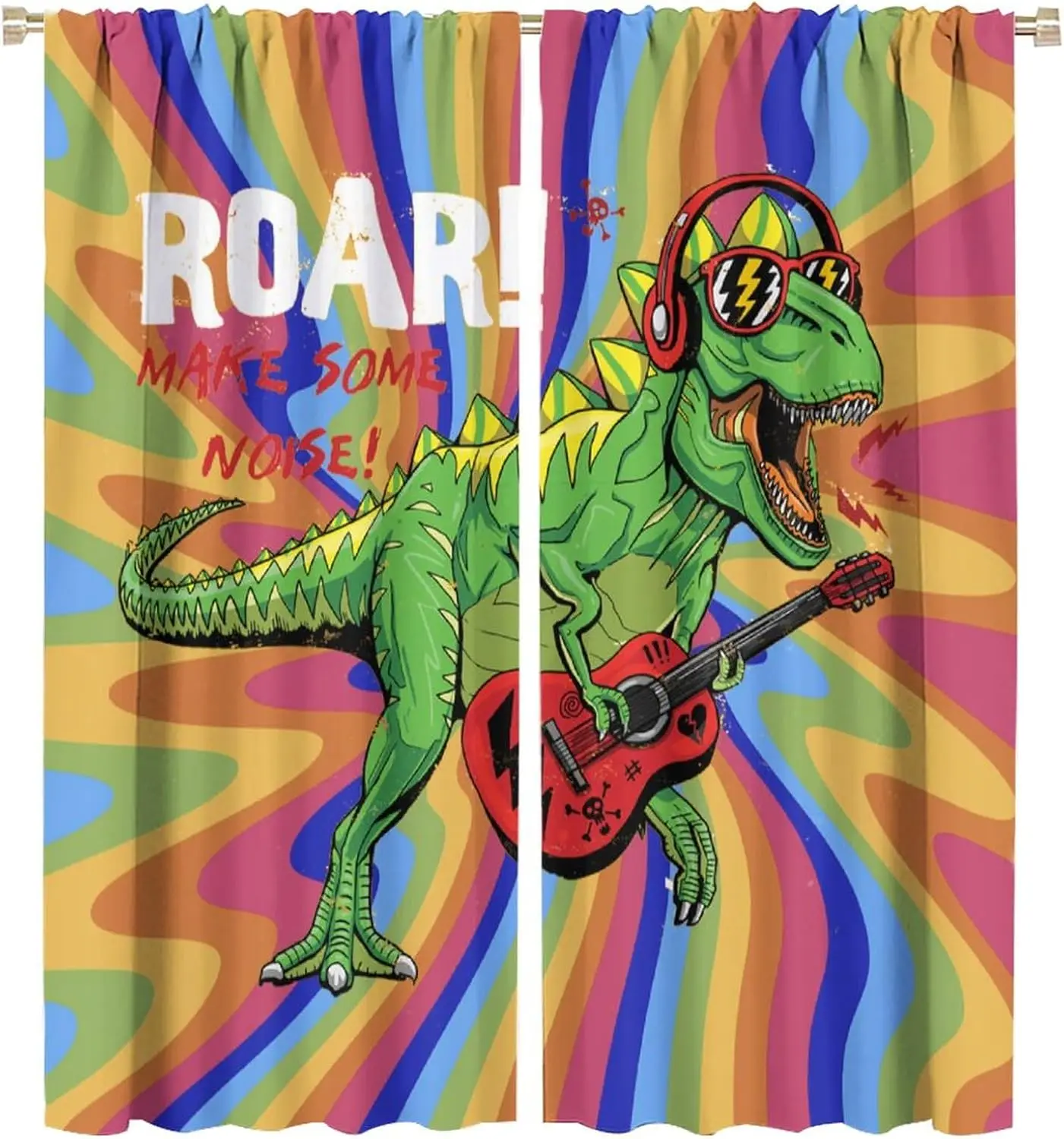 Rock Dinosaur Rainbow Curtain Panels, Cool T-Rex Guitar Headset Color Swirl Kid Trendy Street Print Drapes for Boy Bedroom Decor